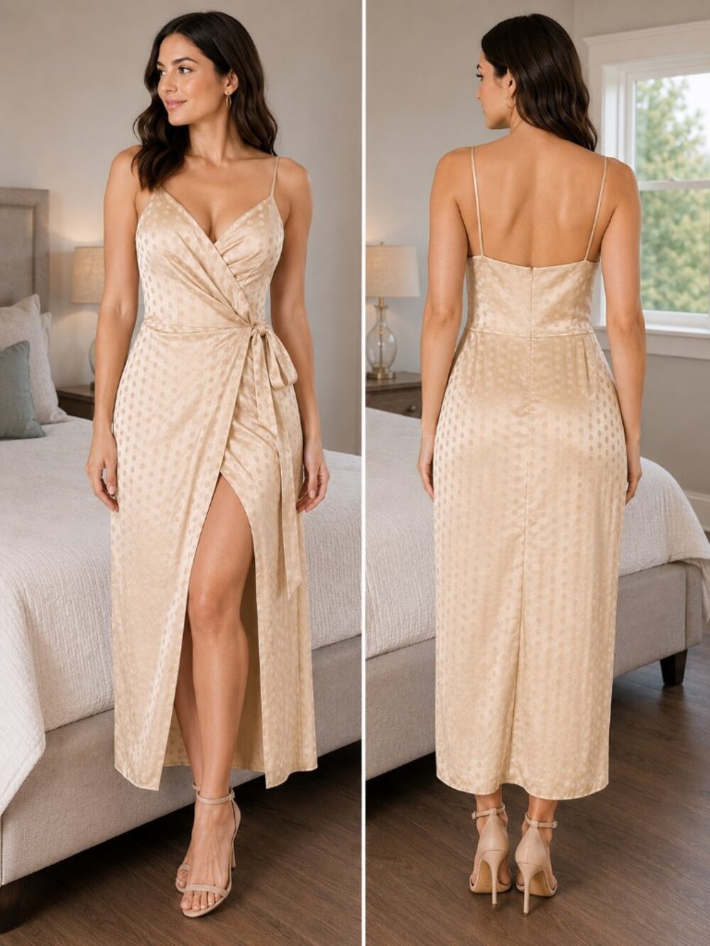 Bec + Bridge Gold Dottie Ray Wrap Midi Dress $250